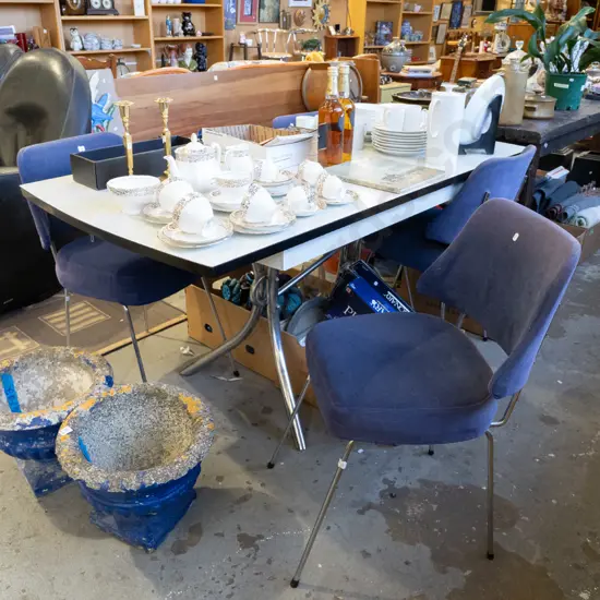 mid century extending chrome and formica dining table with 4 fabric upholstered chairs