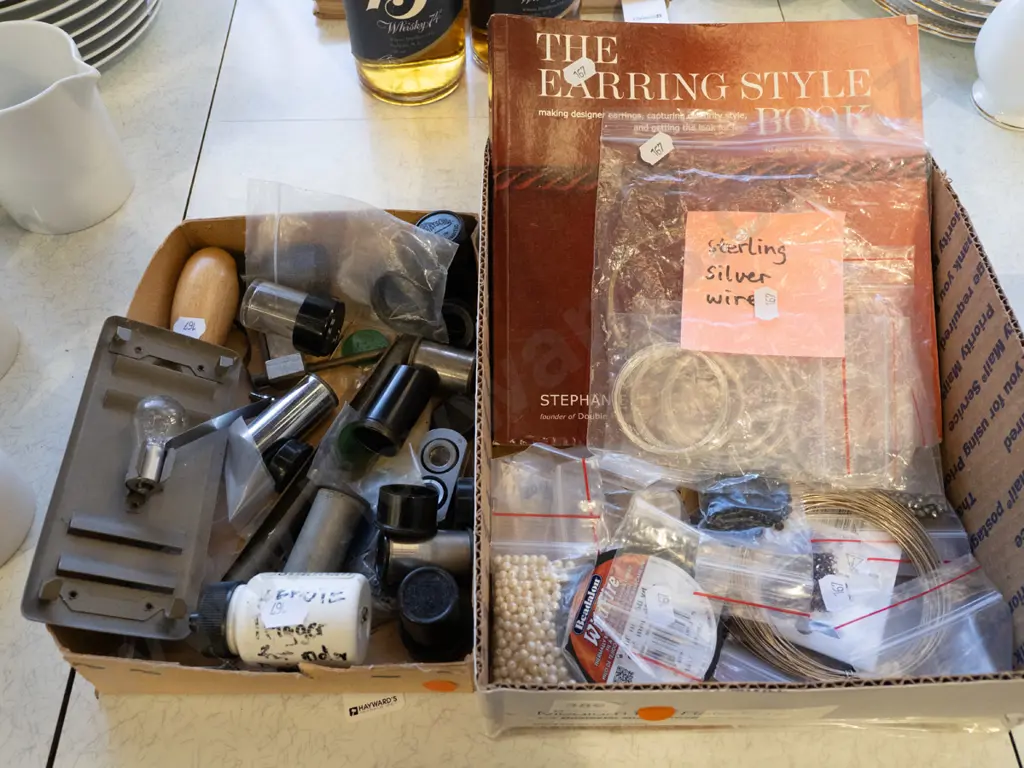 2x boxes; beads, sterling silver wire, canisters, microscope lenses etc - orange dots Image 1++