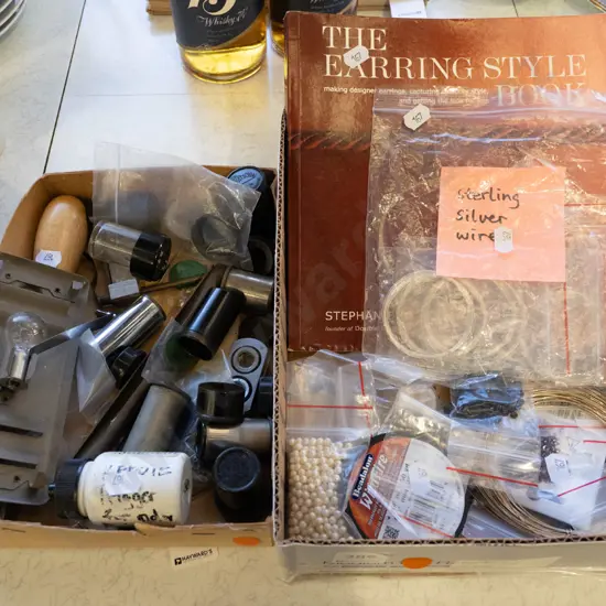 2x boxes; beads, sterling silver wire, canisters, microscope lenses etc - orange dots