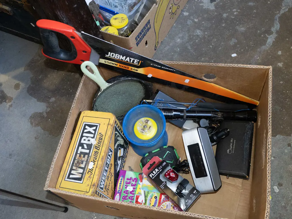 box; frying pan, rifle scope, travel games etc Image 1++