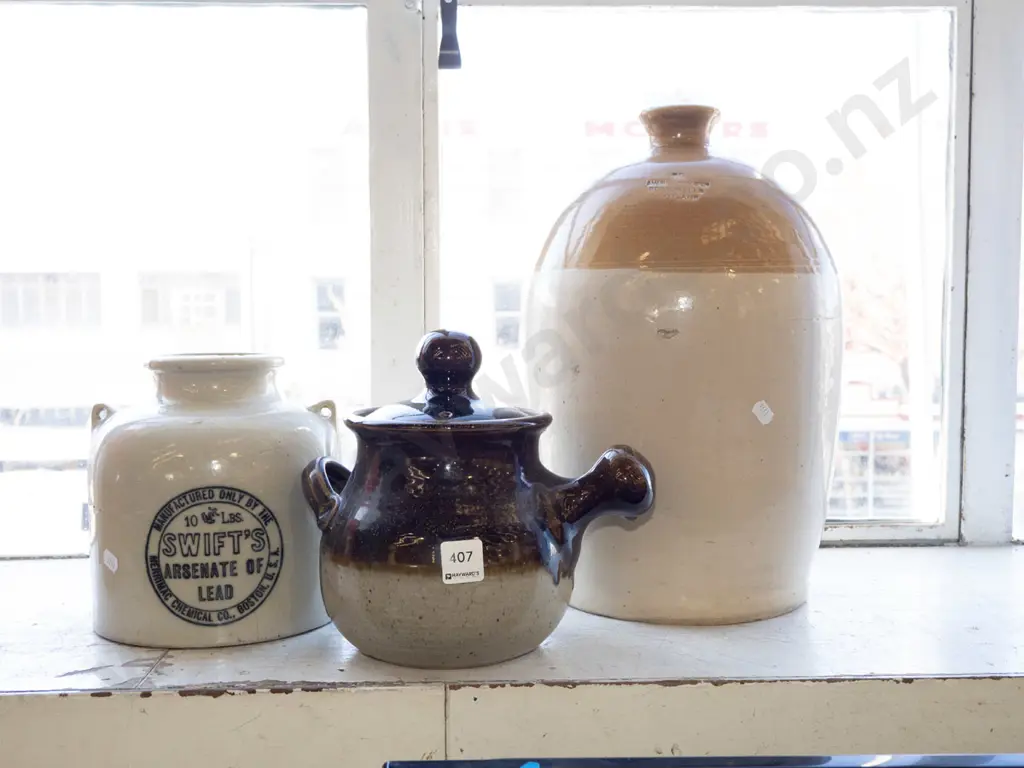 stone ware bottle crock, swifts crock, pottery handled lidded pot Image 1++