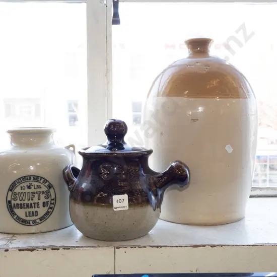 stone ware bottle crock, swifts crock, pottery handled lidded pot