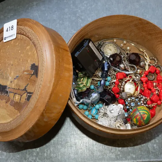 wooden lidded canister, costume jewellery contents