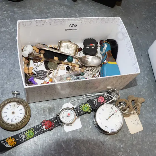 box; watches, teaspoon, beads etc