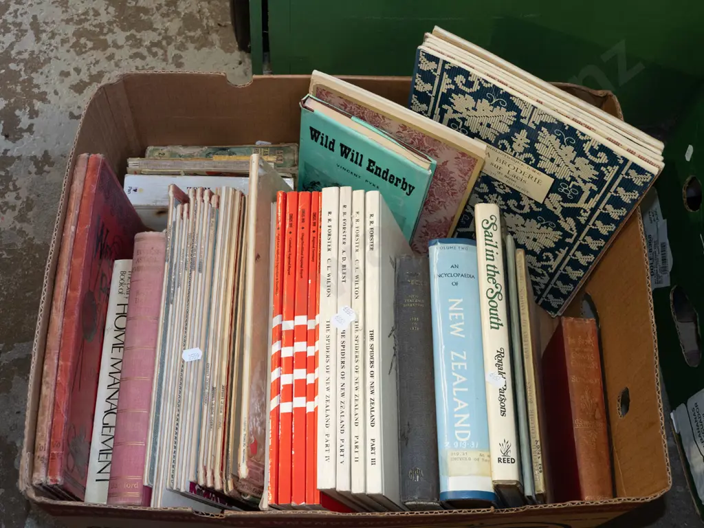 box; NZ history books, census publications, embroidery patterns etc Image 1++
