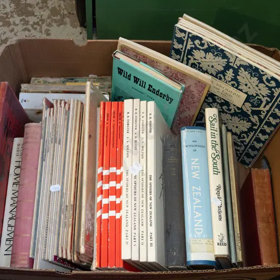 box; NZ history books, census publications, embroidery patterns etc