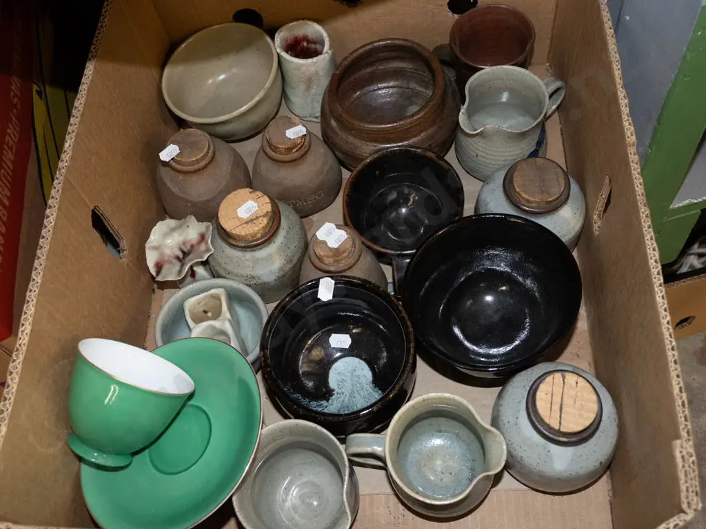 box; pottery canisters, bowls, cups, vase etc Image 1++
