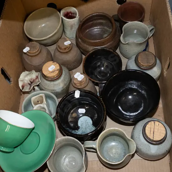 box; pottery canisters, bowls, cups, vase etc