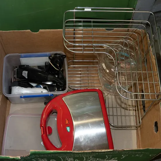 boxed chrome shelving, hair trimmers etc