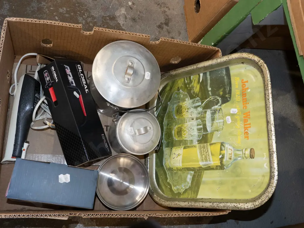 box; aluminium tray, pots, knife sharpener etc Image 1++