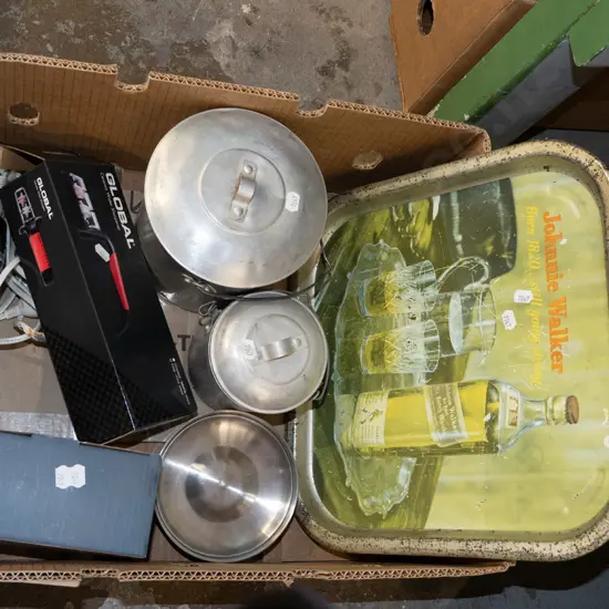 box; aluminium tray, pots, knife sharpener etc