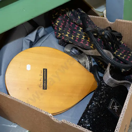 box; car seat covers, pickle ball bats etc
