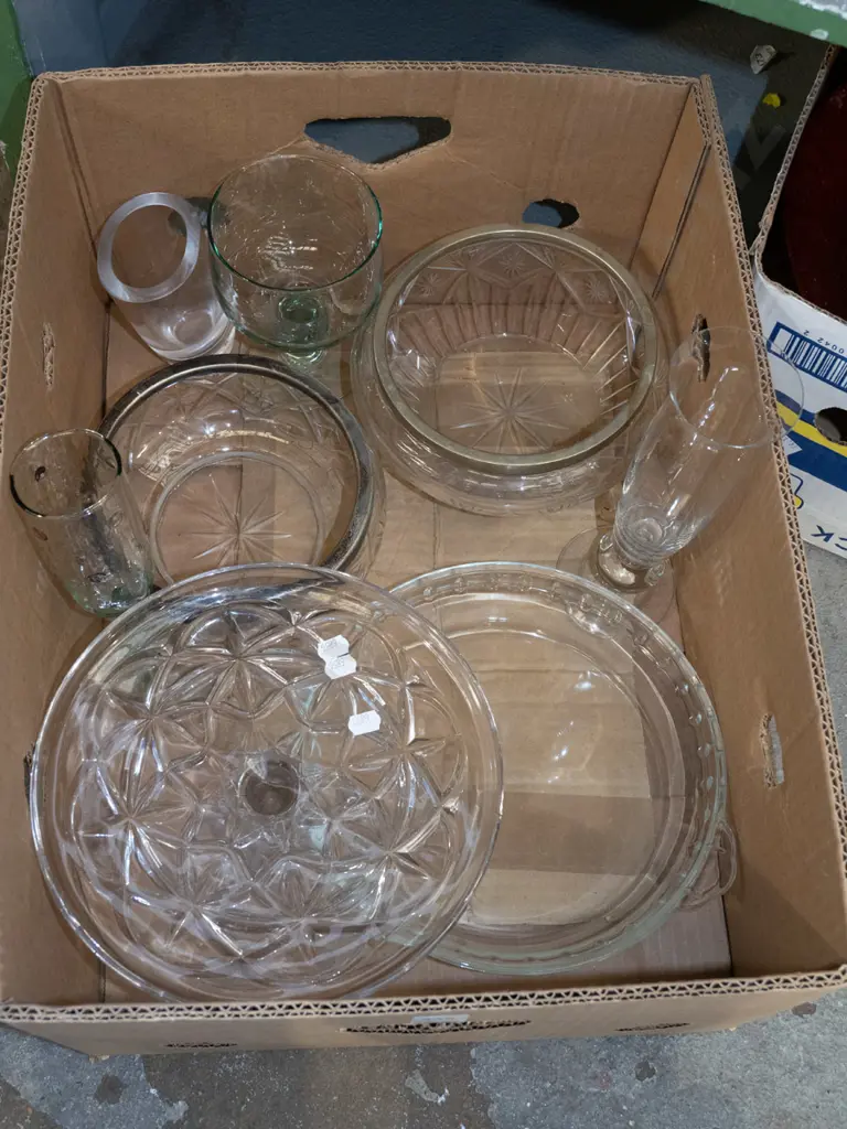 box; cake stand, vases, plated rimmed bowls etc Image 1++