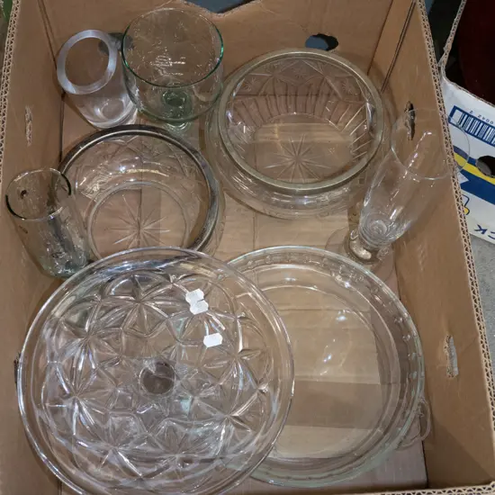 box; cake stand, vases, plated rimmed bowls etc