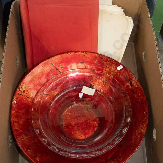 box; fruit bowl, glass bowl, stamp album - poor condition