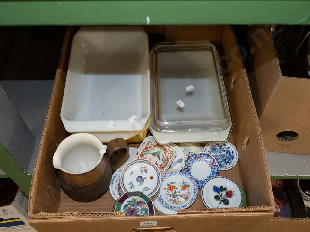 box; pyrex dishes, Denby jug, pin dishes Image 1++