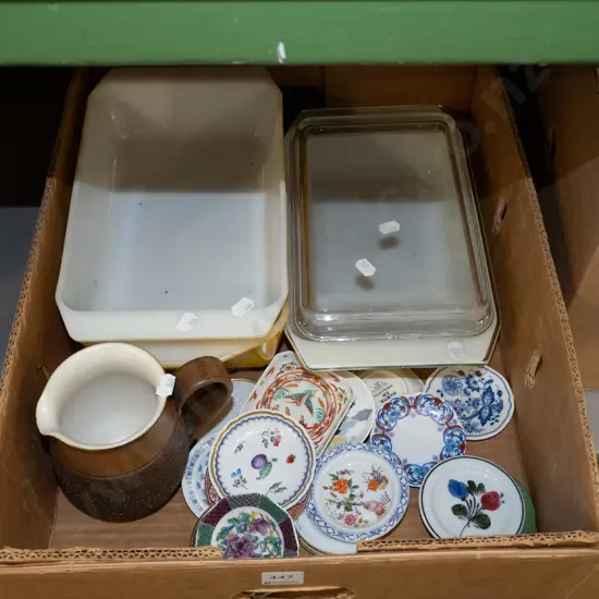 box; pyrex dishes, Denby jug, pin dishes