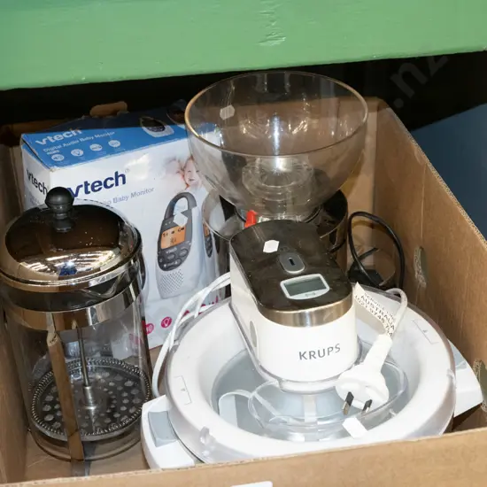 box; baby monitor, coffee plunger, icecream maker