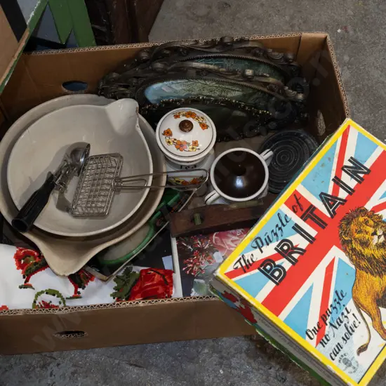 box; British puzzle, mixing bowls, tins etc