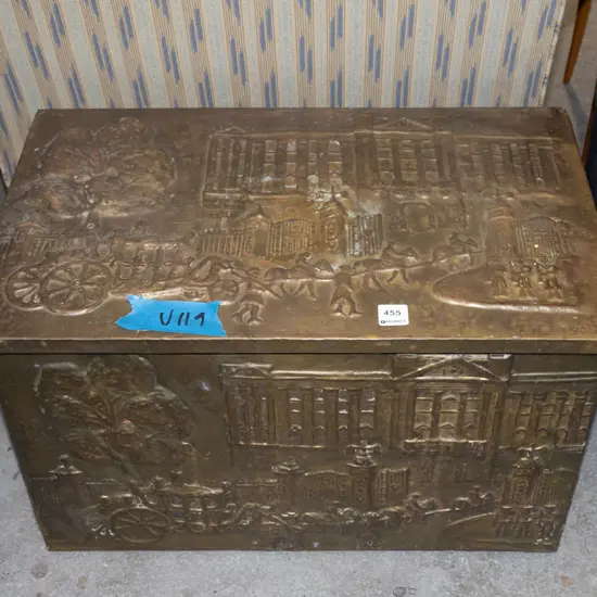 beaten brass wood box - horses and carriage