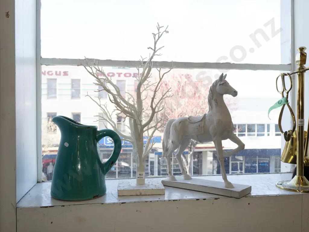 ornamental composite tree, water jug, horse figurine - crack to leg  Image 1++