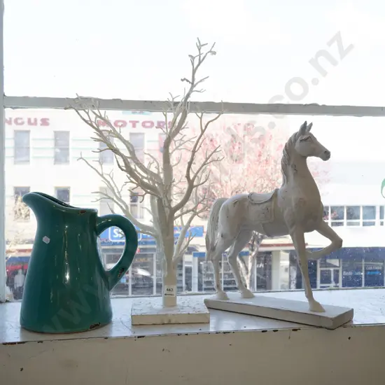 ornamental composite tree, water jug, horse figurine - crack to leg 