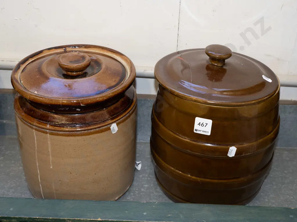 2x lidded storage crocks - both have repairs to lids Image 1++