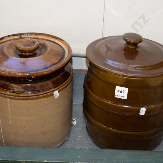 2x lidded storage crocks - both have repairs to lids