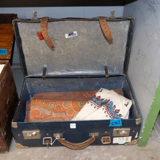 vintage fibre suitcase with scarf/shawl and fabric pieces