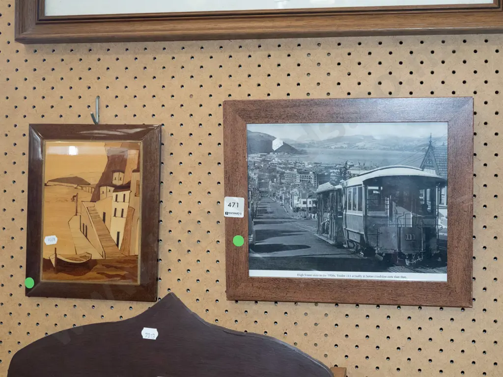 wooden maquetry wall art, Dunedin tram photo print Image 1++