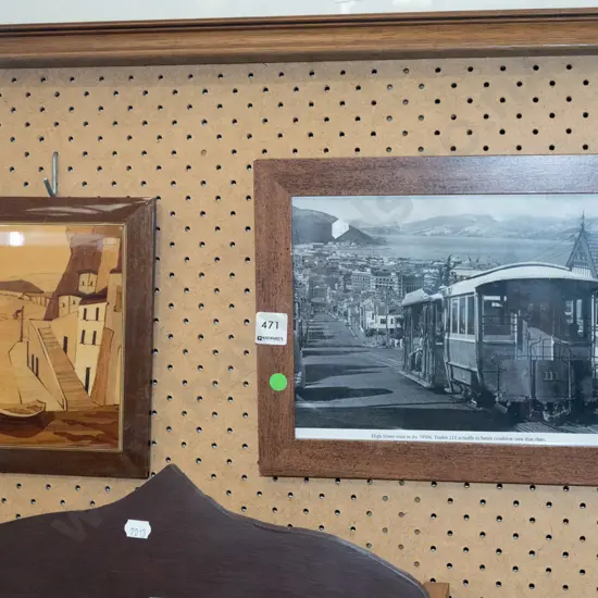 wooden maquetry wall art, Dunedin tram photo print