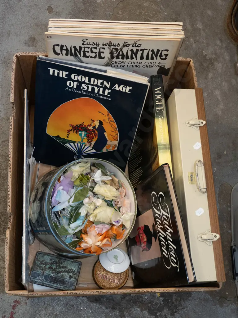 box; books, slide projector slide tins, faux flowers etc Image 1++