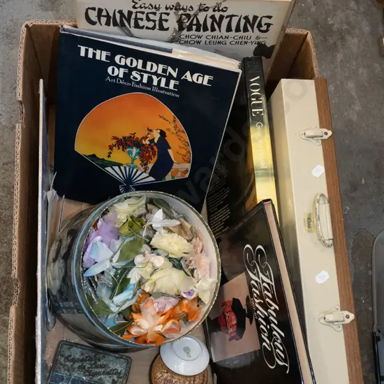 box; books, slide projector slide tins, faux flowers etc