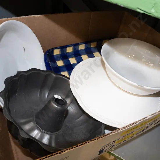 box; white bowls, baking dishes, footed cake stand etc