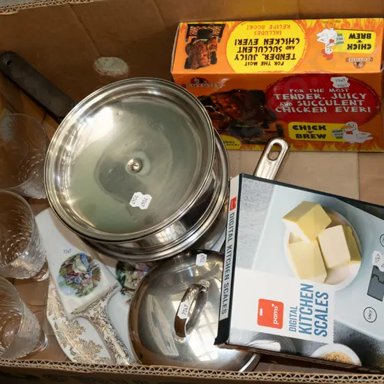 box; kitchen scales, lidded pot, cake plate etc