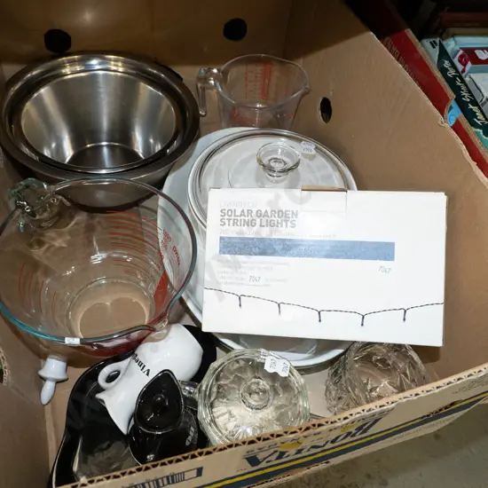 box; bowls, pyrex jug, solar powered lights etc