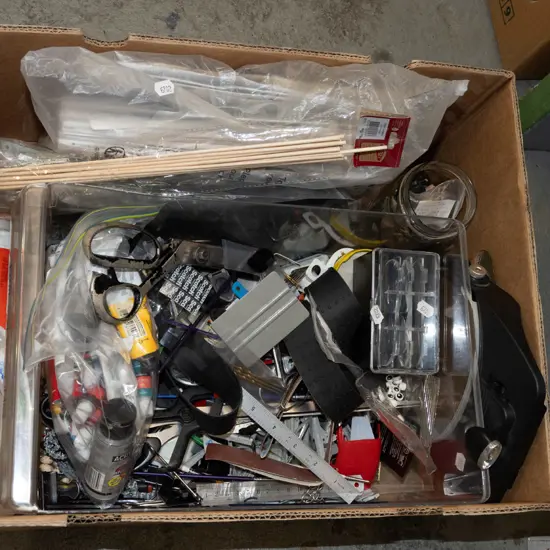 box; model making allsorts, paints, scissors, clamps etc
