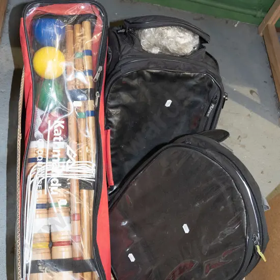 box; croquet set, motorcycle bags