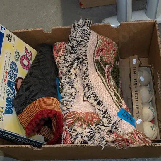 box; throws, 1950s tennis balls, LPs