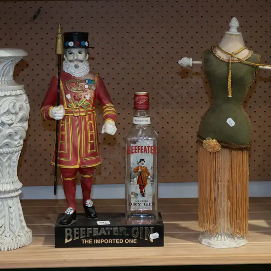 Beefeater figurine and empty bottle, wooden vase, jewellery stand Tallest H260