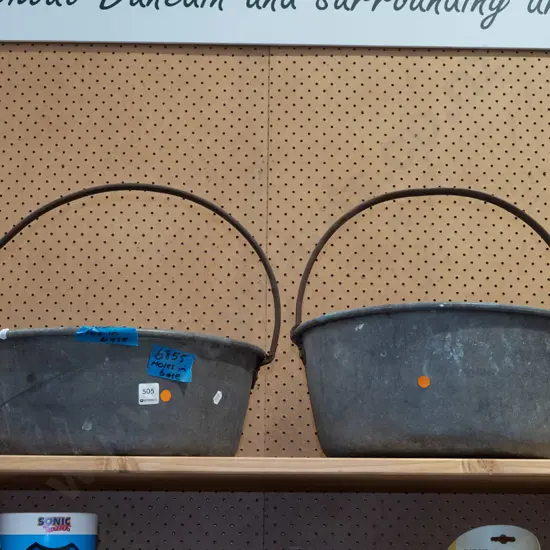 2x copper jam pans - have holes in base for plants - orange dots