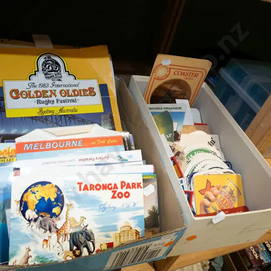 2x boxes; postcards, programmes, badges etc - orange dots