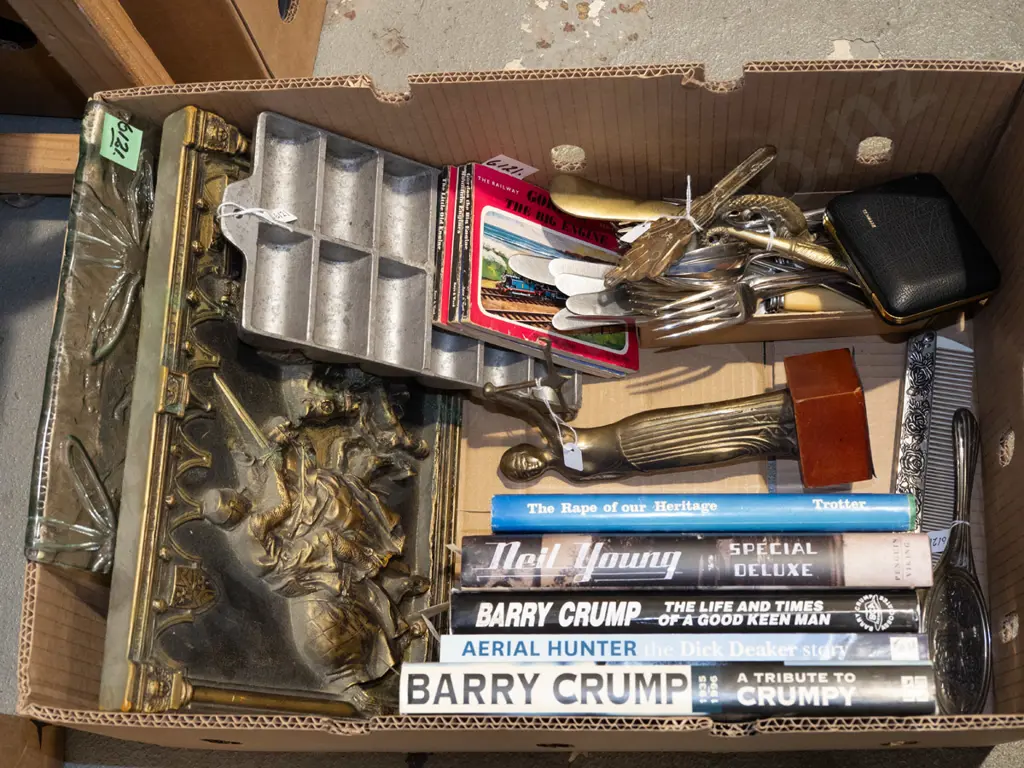 box; glass tray, gem irons, books etc Image 1++