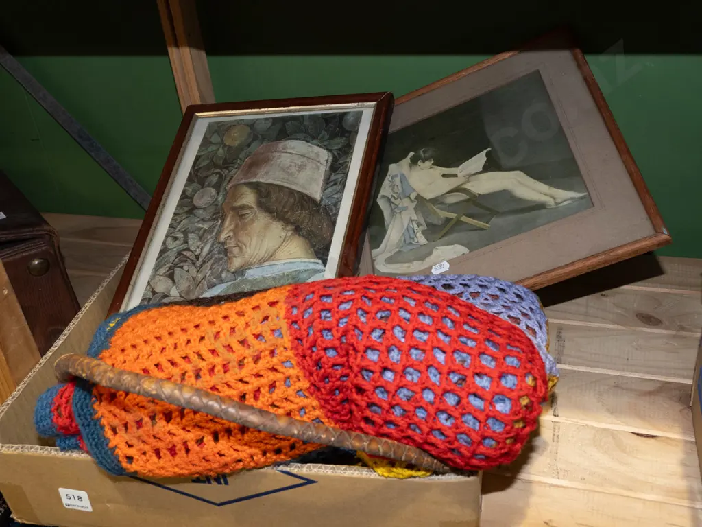 box; crochet blanket, stockmans whip, prints Image 1++
