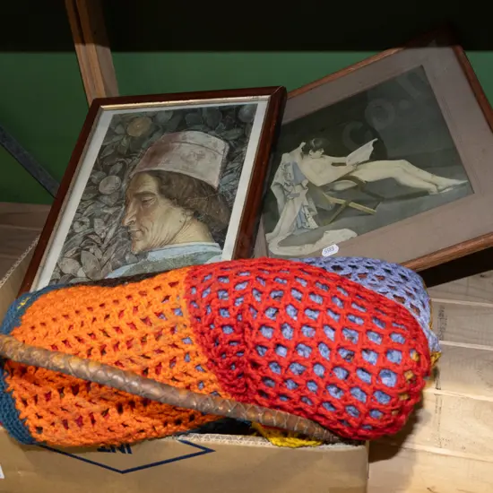 box; crochet blanket, stockmans whip, prints