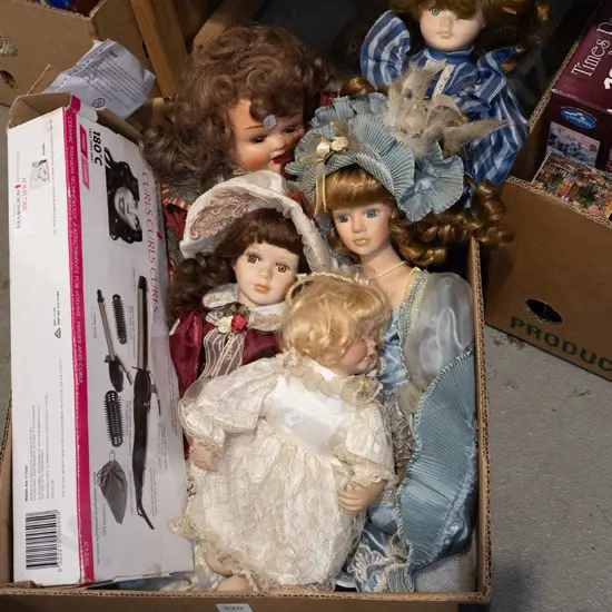 box; porcelain dolls etc