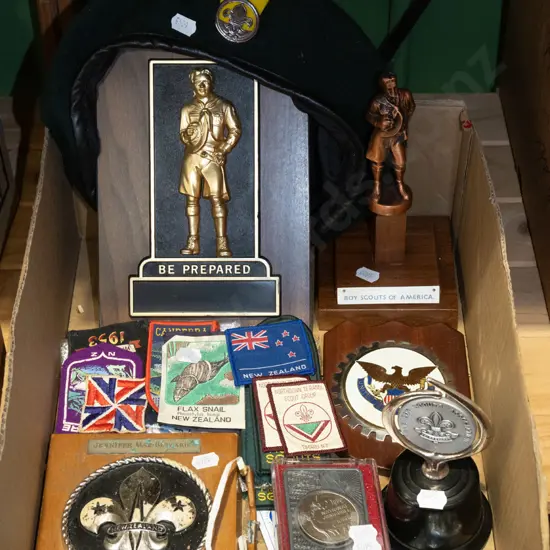 box; boy scout trophies, coins, badges etc