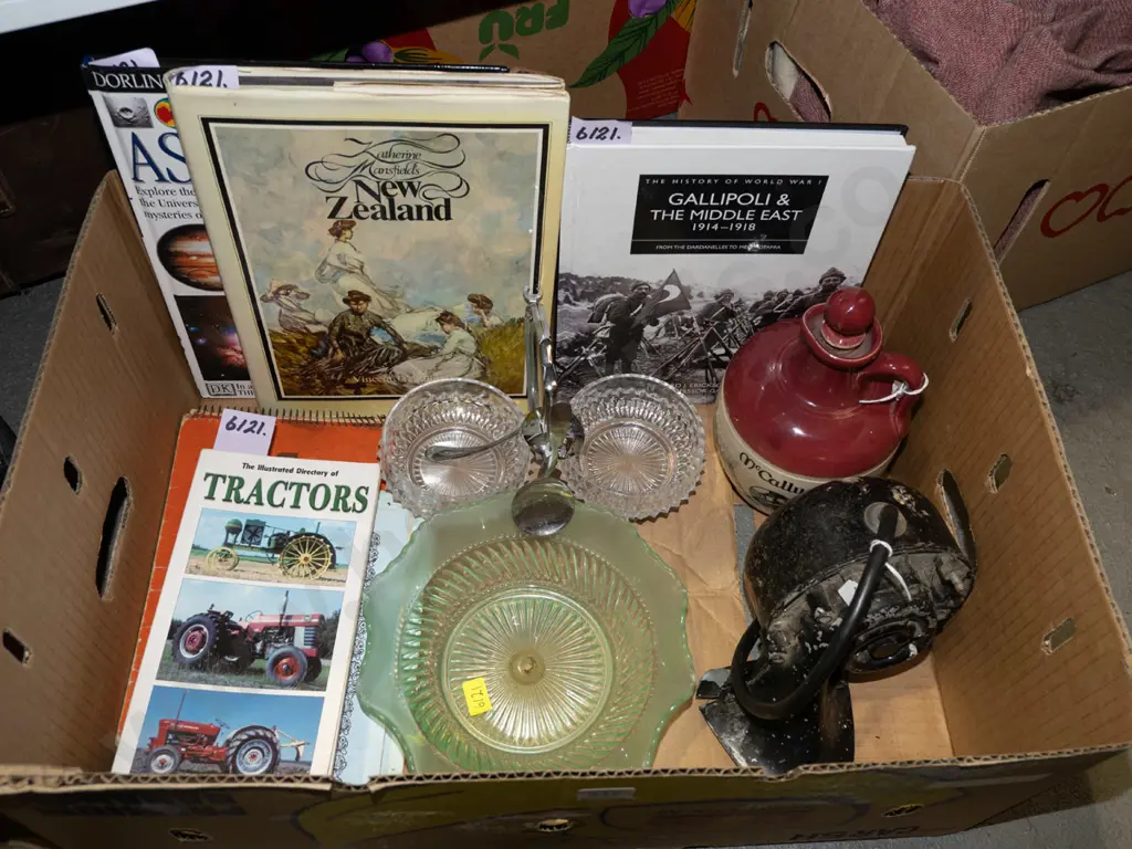 box; NZ history books, green glass bowls, whisky jug etc Image 1++