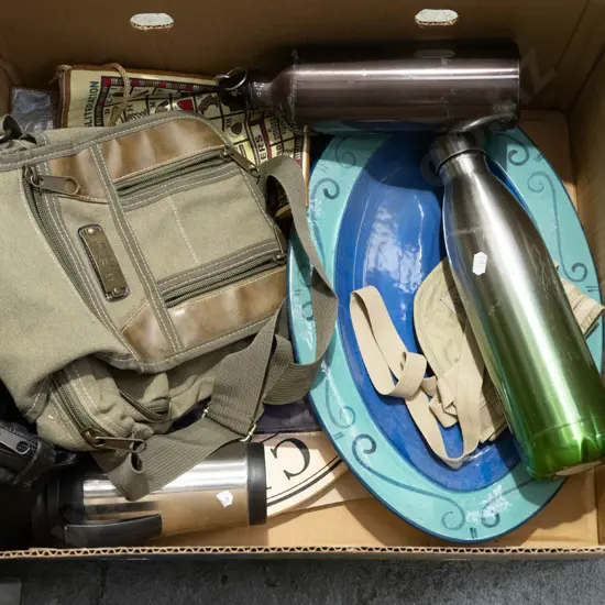 box; drink bottle, Temuka bowl, money belt etc
