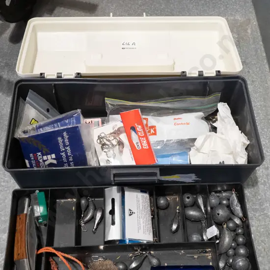fishing tackle box with lure, hooks, lead sinkers etc